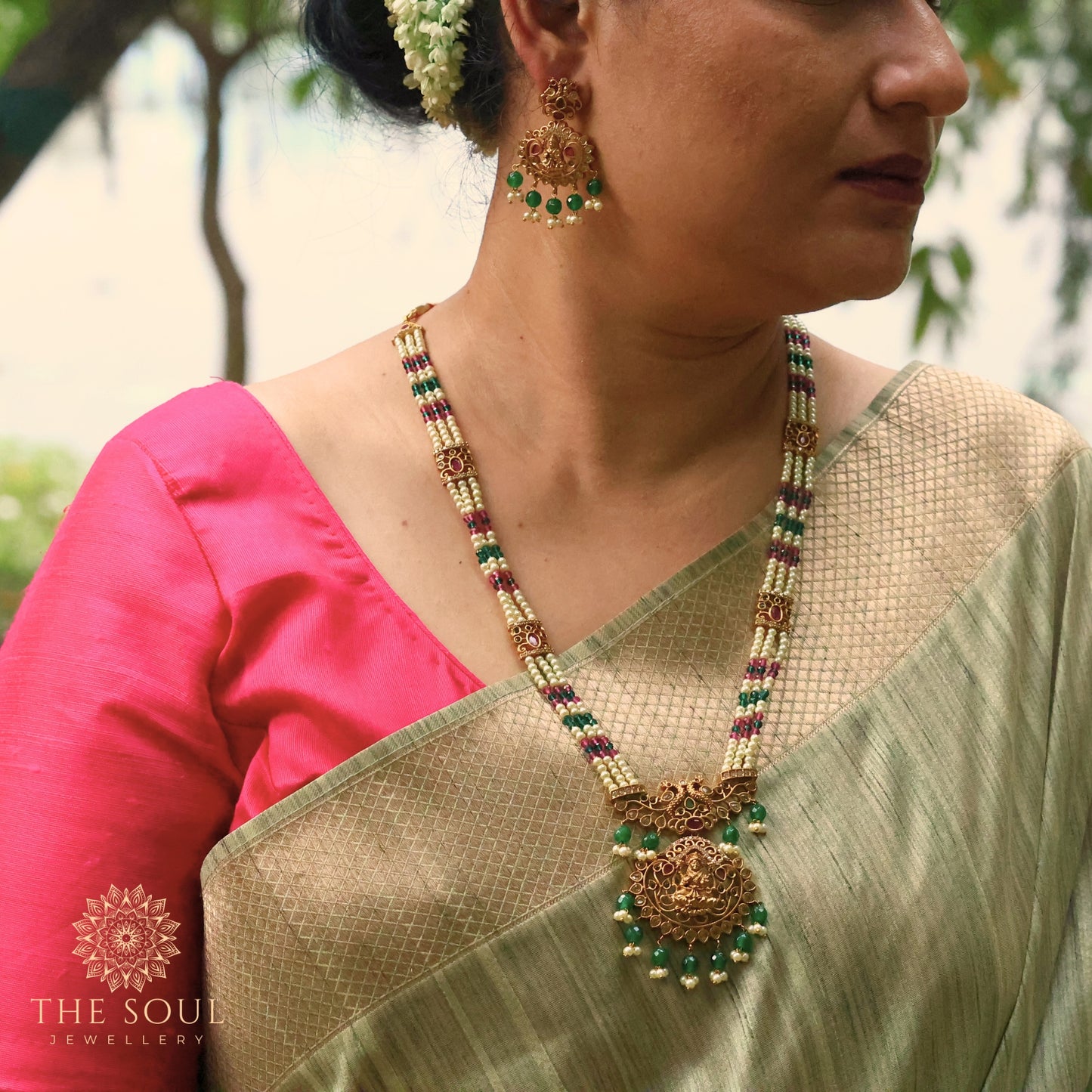 Ambuja Antique Matte Gold Plated Long Temple Necklace Set with Lakshmi Idol & Peacock Design