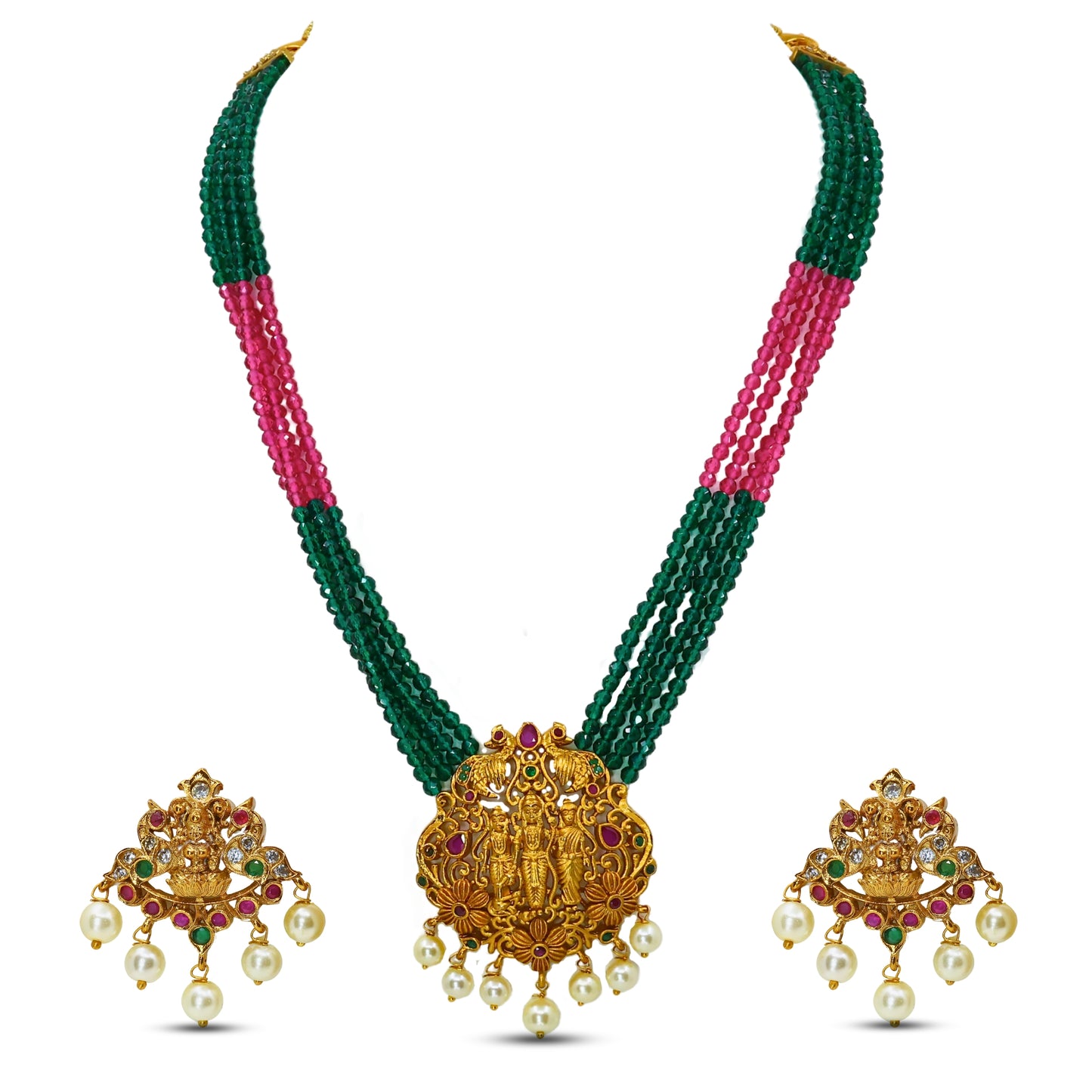 Vaidhe Antique Matte Gold Plated Short Necklace Set with Ram Sita Motif