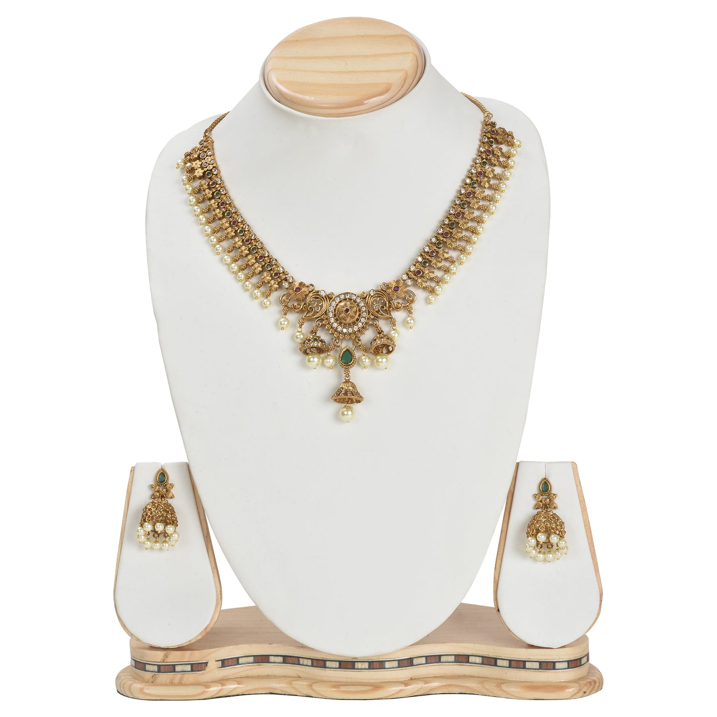 Avanti Antique Gold-Plated Short Necklace & Earring Set with Flower Motif