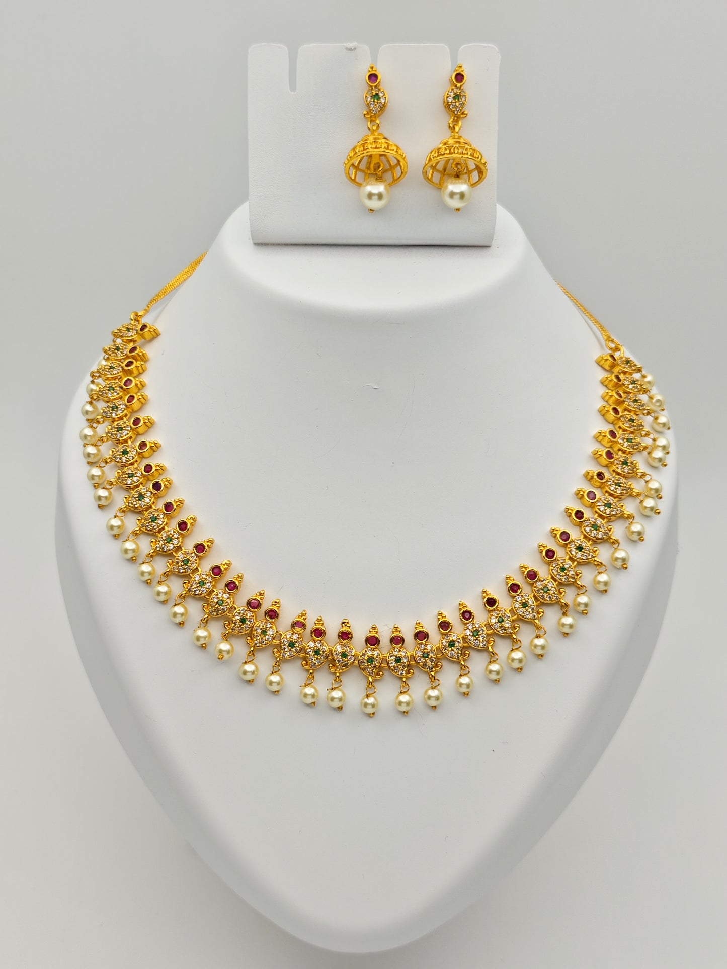 Nirupa Antique Gold Plated Temple Choker Necklace Set with Pearl Drops and Ruby Accents – Traditional Ethnic Jewelry MGNC308