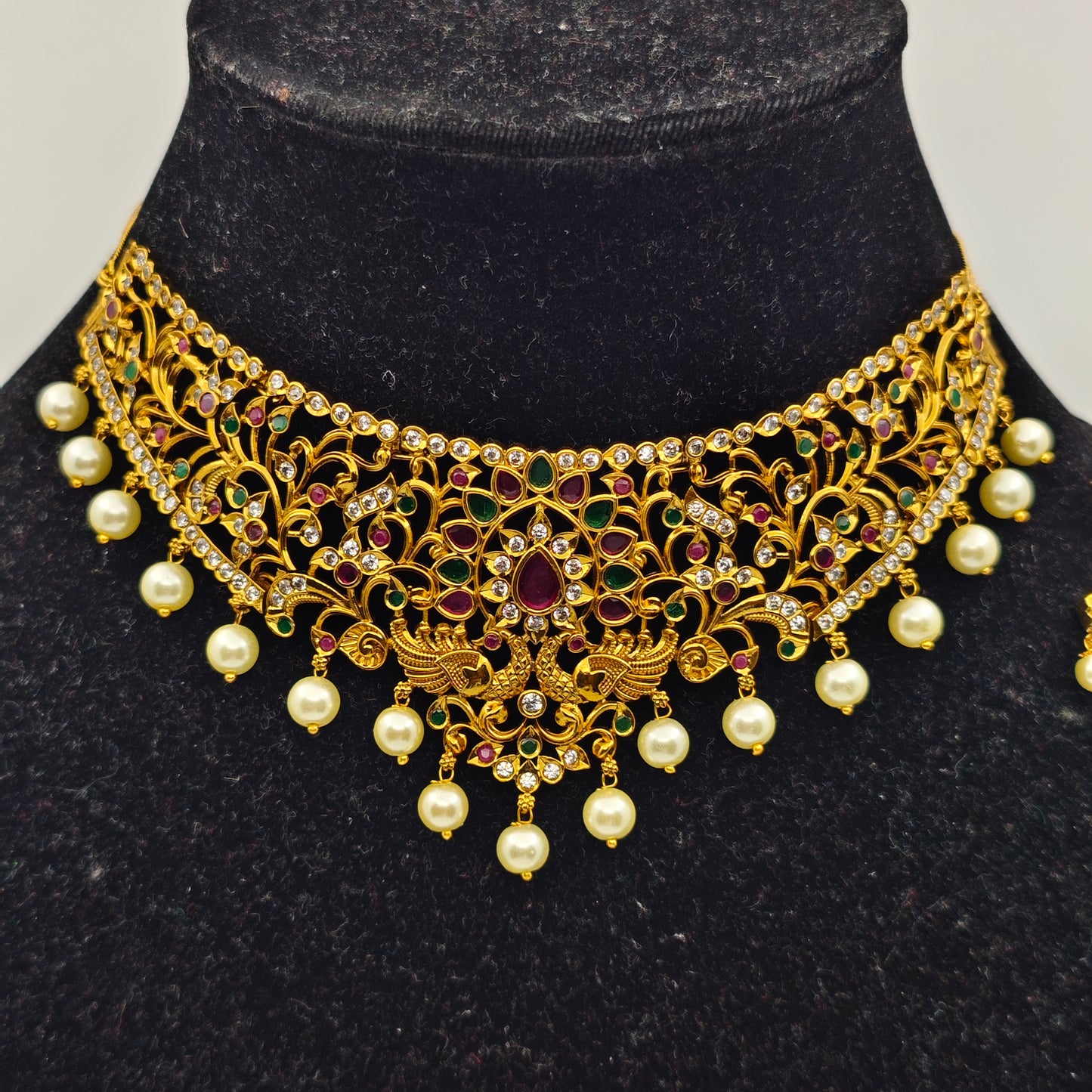 Vasudha Antique Nakshi Choker Set with Intricate Pearl and Ruby Accents – Traditional Temple Jewelry MGNC319