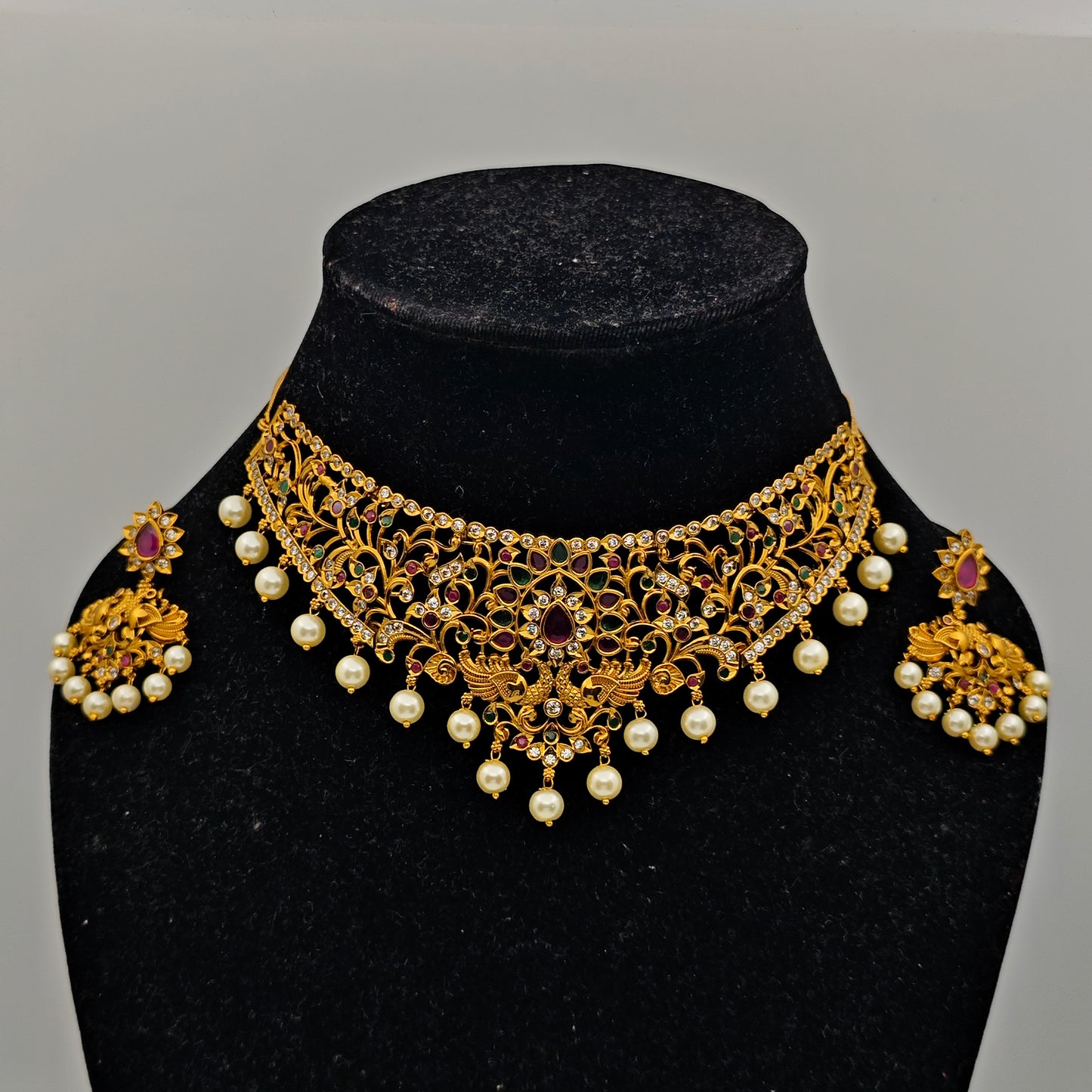 Vasudha Antique Nakshi Choker Set with Intricate Pearl and Ruby Accents – Traditional Temple Jewelry MGNC319