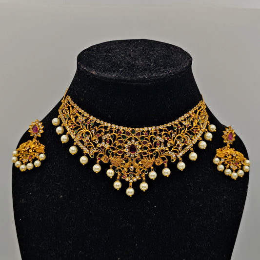 Vasudha Antique Nakshi Choker Set with Intricate Pearl and Ruby Accents – Traditional Temple Jewelry MGNC319