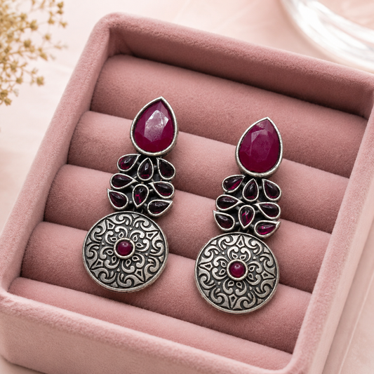 Magenta Stone Oxidised Statement Earrings for Women – Vintage Boho Ethnic Drop Earrings