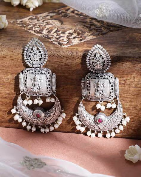 Royal Ganesha Pearl Chandbali Earrings | Maroon Stone Oxidised Silver Temple Jewellery for Women - The Soul Jewellery