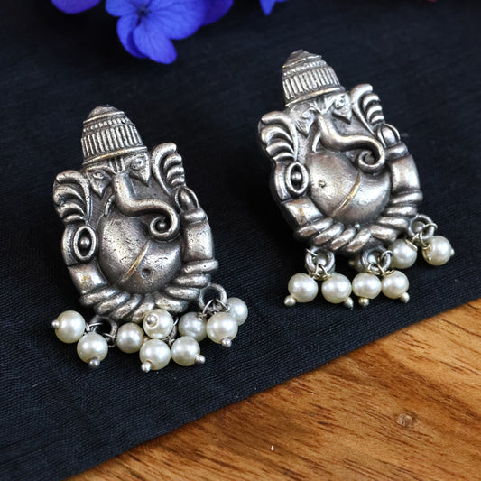 Silver Replica Oxidized Ganapati Earring with Pearl Drops