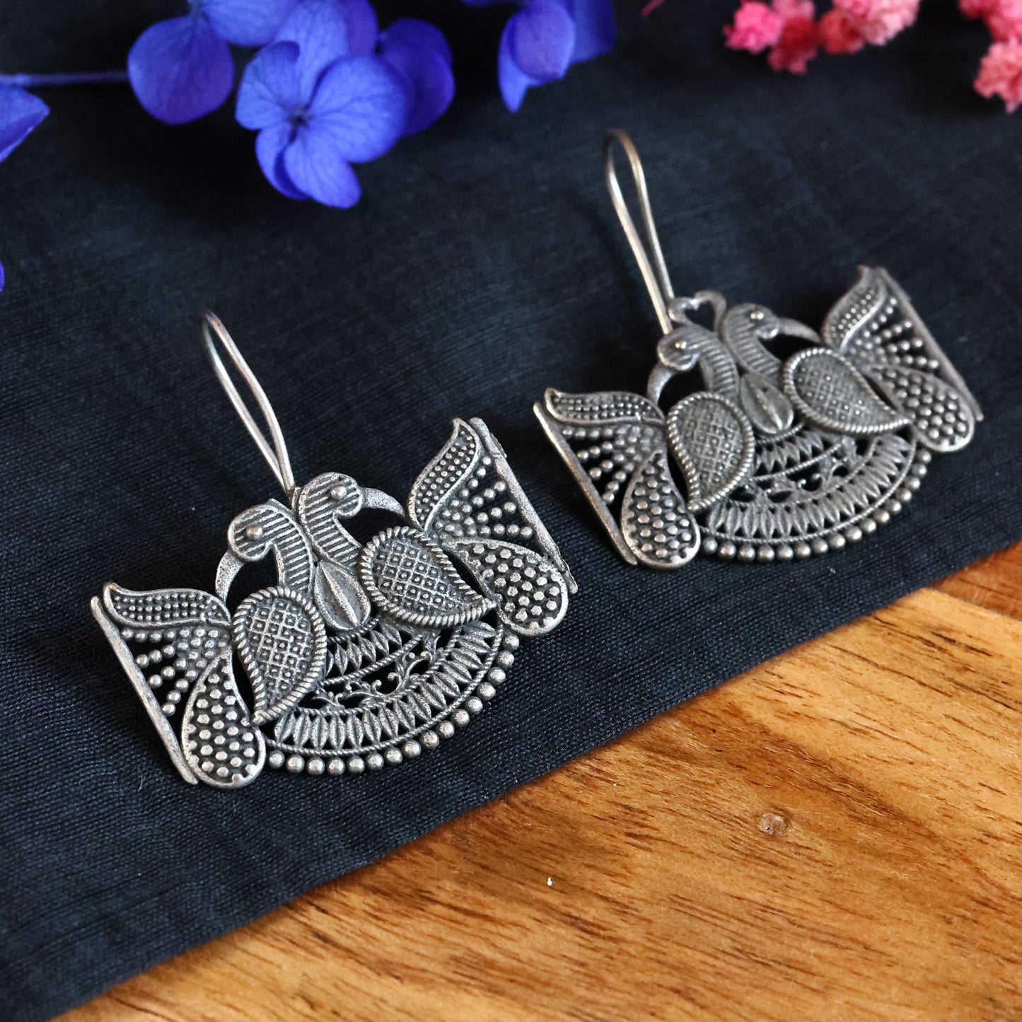 Silver Replica Oxidized Peacock Couple Earring