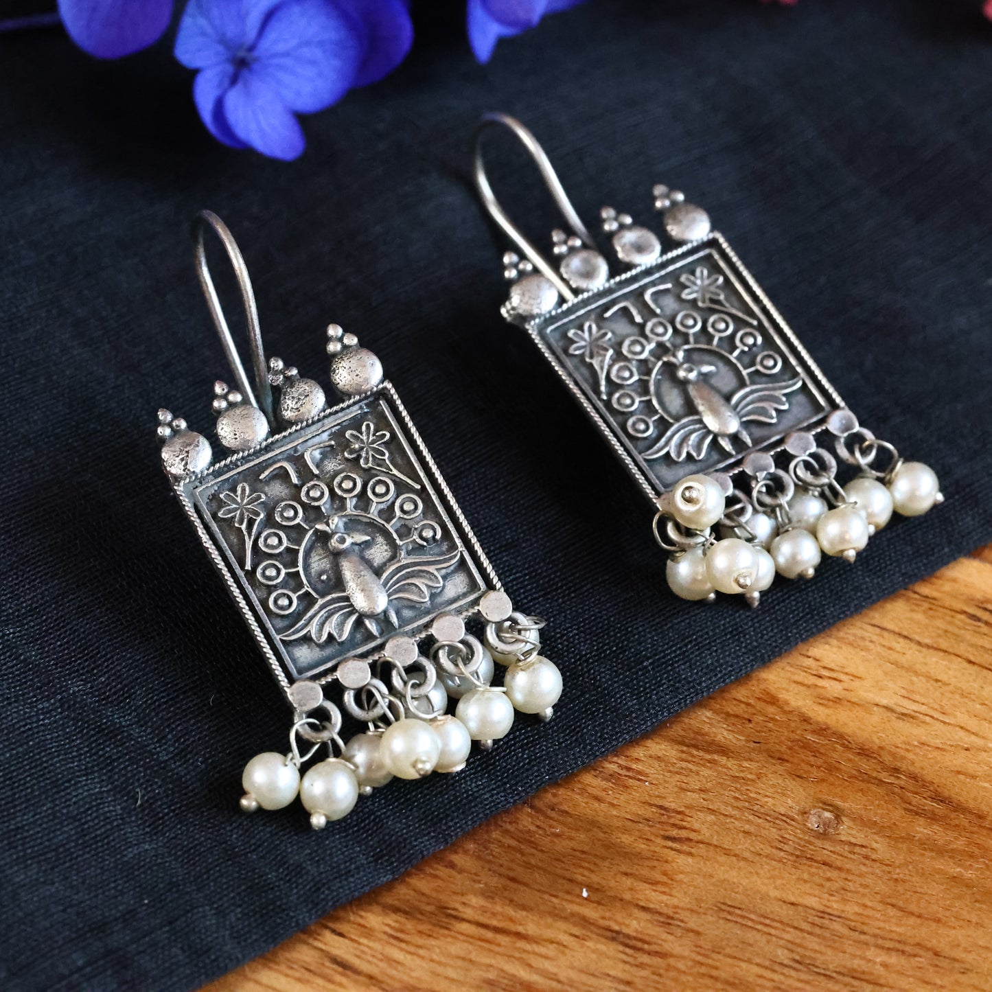 Silver Replica Oxidized Peacock Earring with Pearl Drop