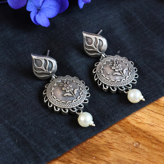 Silver Replica Oxidized Flower Leaf Earring