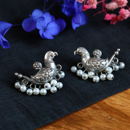 Silver Replica Oxidized Pigeon Earring with Pearl Drops