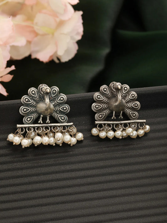 Oxidised Peacock Pearl Stud Earrings for Women – Antique Silver Ethnic Boho Earrings