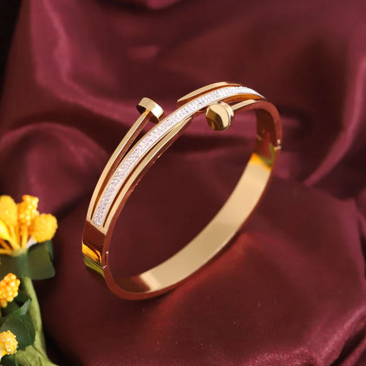 Elegant 22K Gold Plated Anti-Tarnish Classy Bracelet for Women – Designer Bangle with Sleek Nail-Inspired Crystal Design RGB517