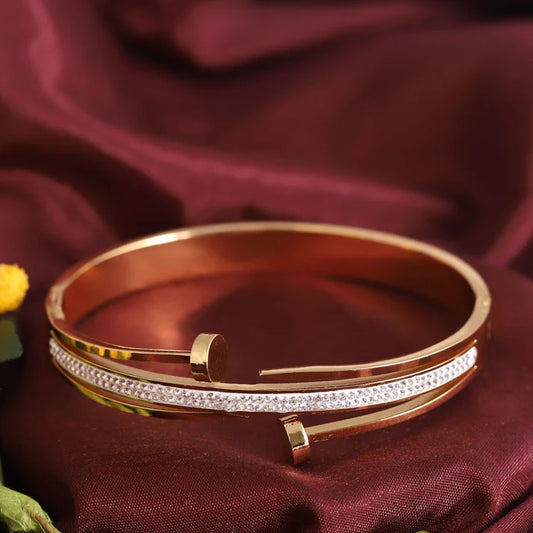 Elegant 22K Gold Plated Anti-Tarnish Classy Bracelet for Women – Designer Bangle with Sleek Nail-Inspired Crystal Design RGB517