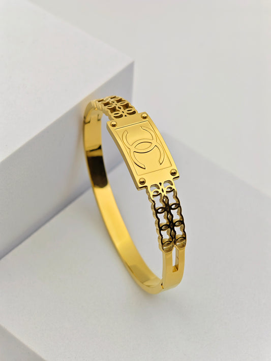 Stylish 18K Gold Plated Anti-Tarnish Bangle with Chanel Emblem for Everyday Elegance RGB238