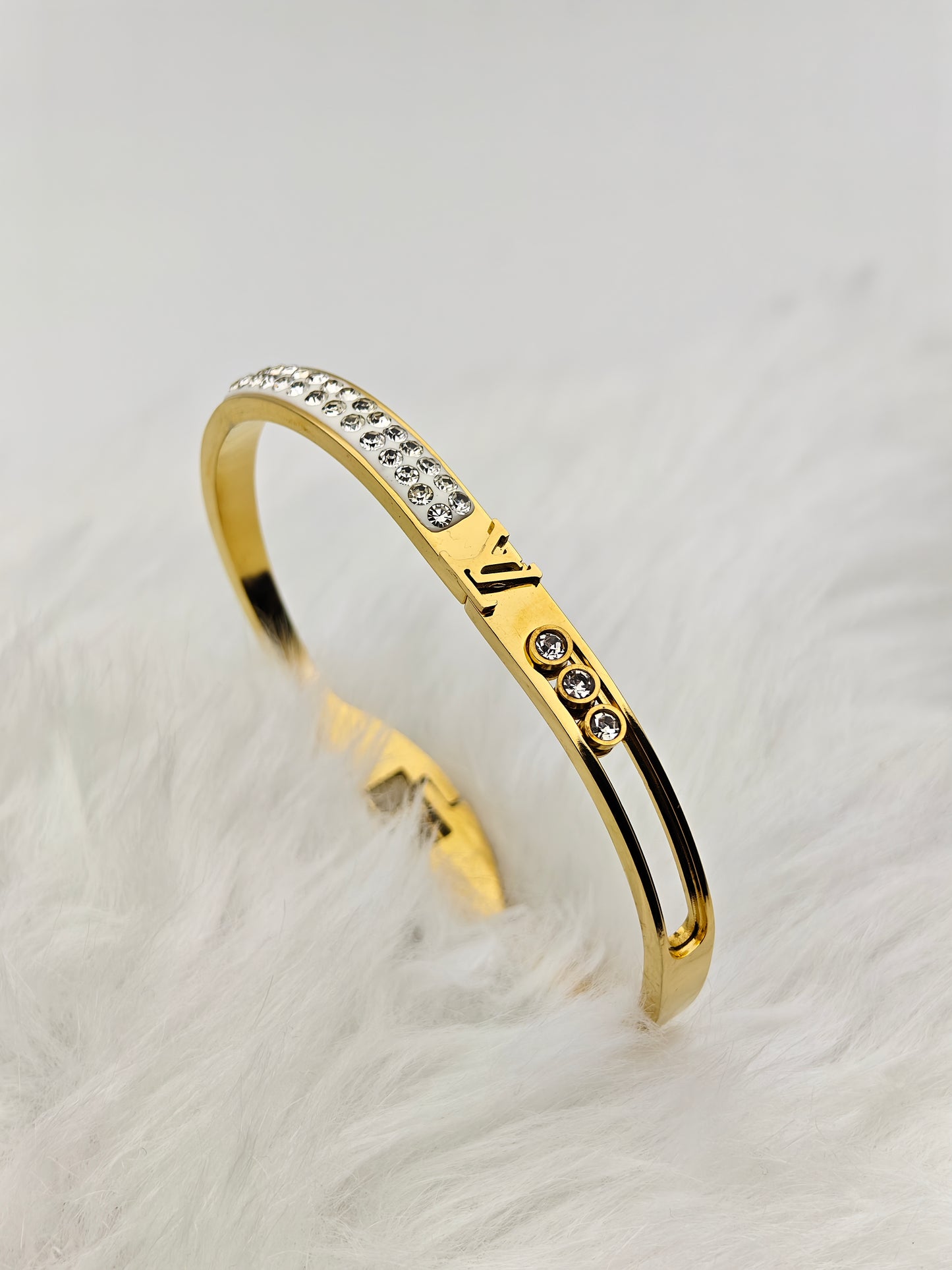 Stunning 18K Gold Plated Louis Vuitton Inspired Anti-Tarnish Bangle with Crystal Accents RGB243