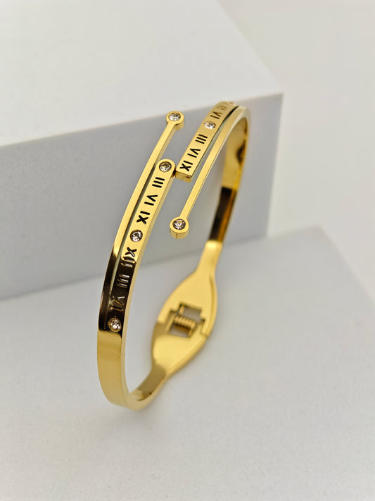 Timeless 18K Gold Plated Anti-Tarnish Bangle with Roman Numerals and Crystal Accents RGB250