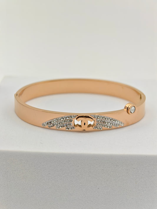 Stunning 18K Rose Gold Plated Anti-Tarnish Bangle with Chanel Logo and Sparkling Crystal Accents RGB251