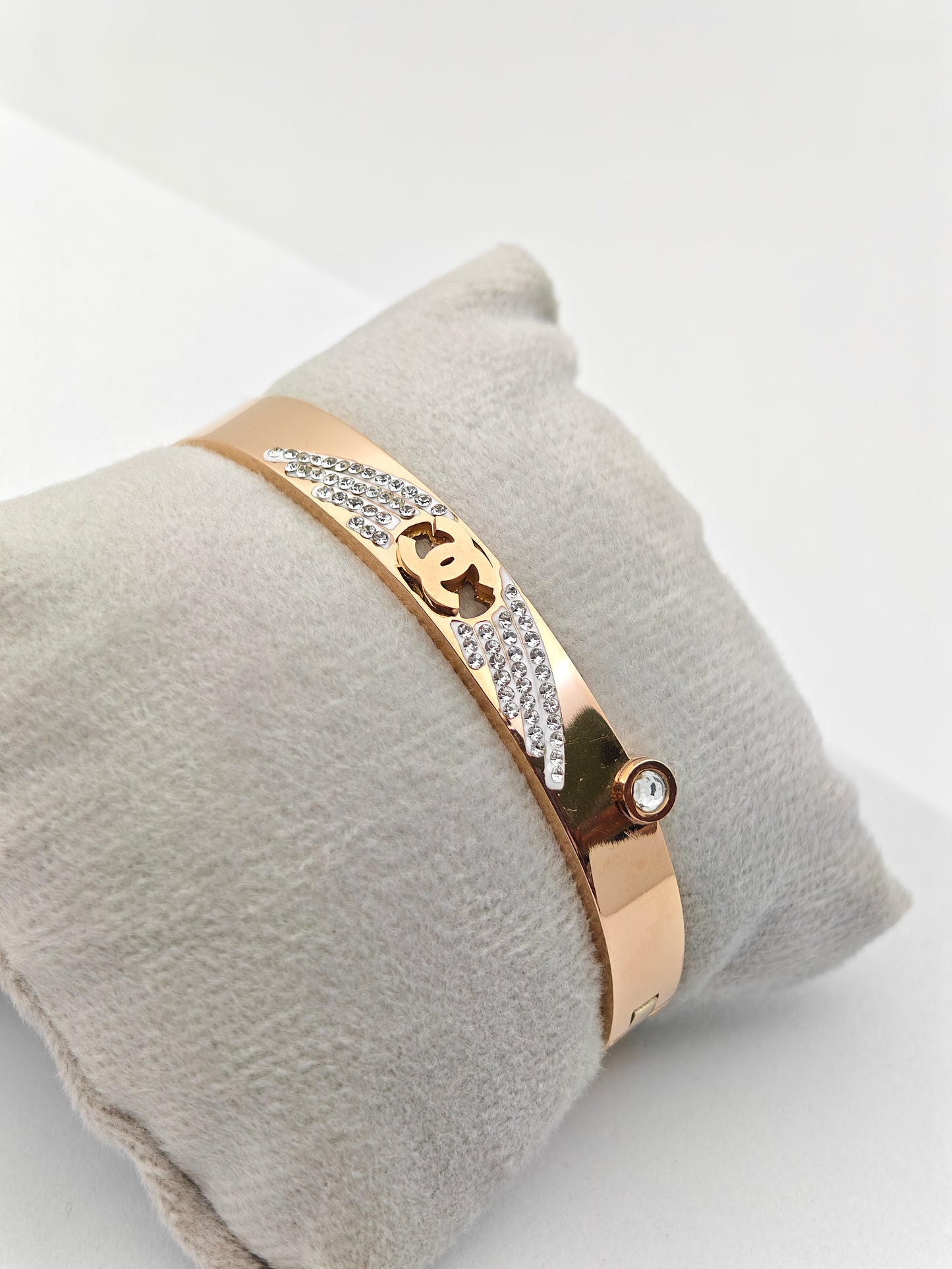 Stunning 18K Rose Gold Plated Anti-Tarnish Bangle with Chanel Logo and Sparkling Crystal Accents RGB251