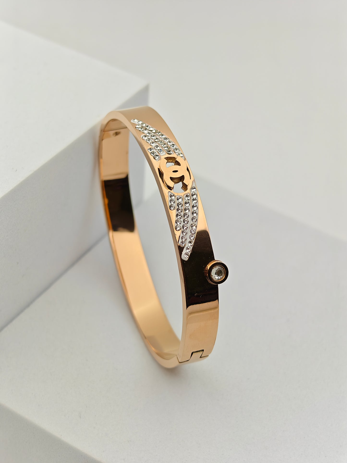 Stunning 18K Rose Gold Plated Anti-Tarnish Bangle with Chanel Logo and Sparkling Crystal Accents RGB251