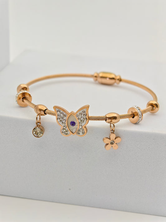 Charming 18K Gold Plated Anti-Tarnish Bangle with Butterfly and Floral Charms RGB252