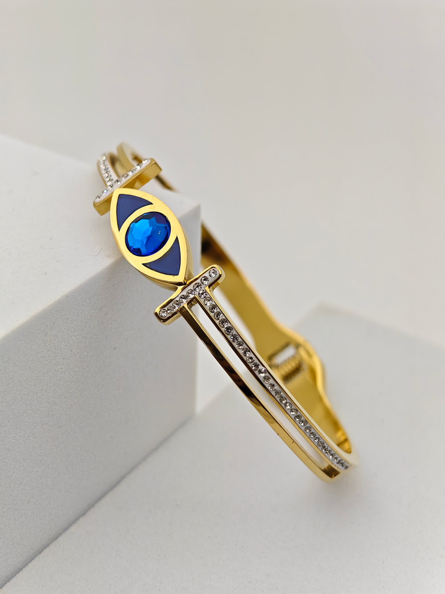 Elegant 18K Gold Plated Evil Eye Bangle with Blue Enamel and Crystal Accents RGB257