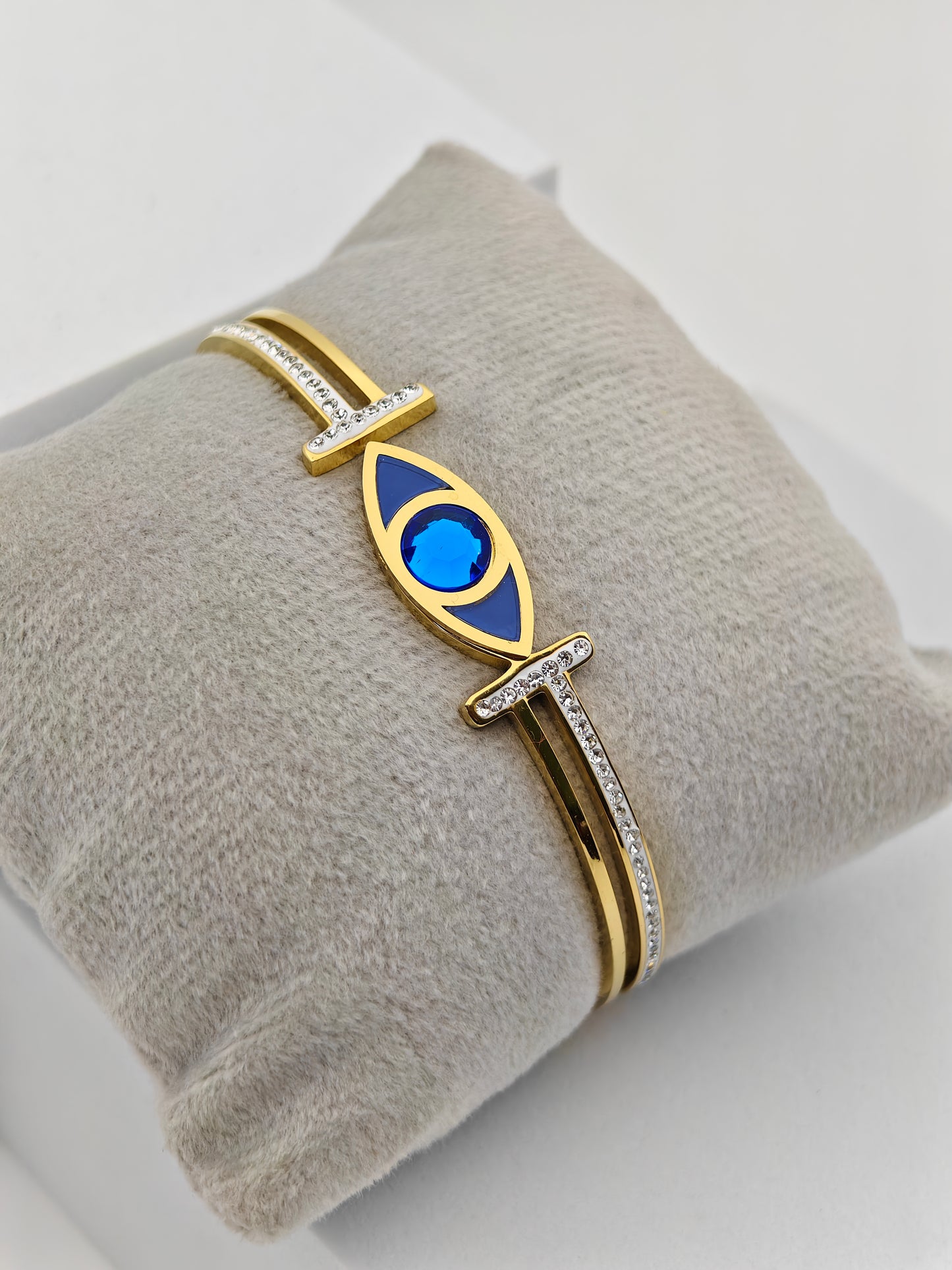 Elegant 18K Gold Plated Evil Eye Bangle with Blue Enamel and Crystal Accents RGB257