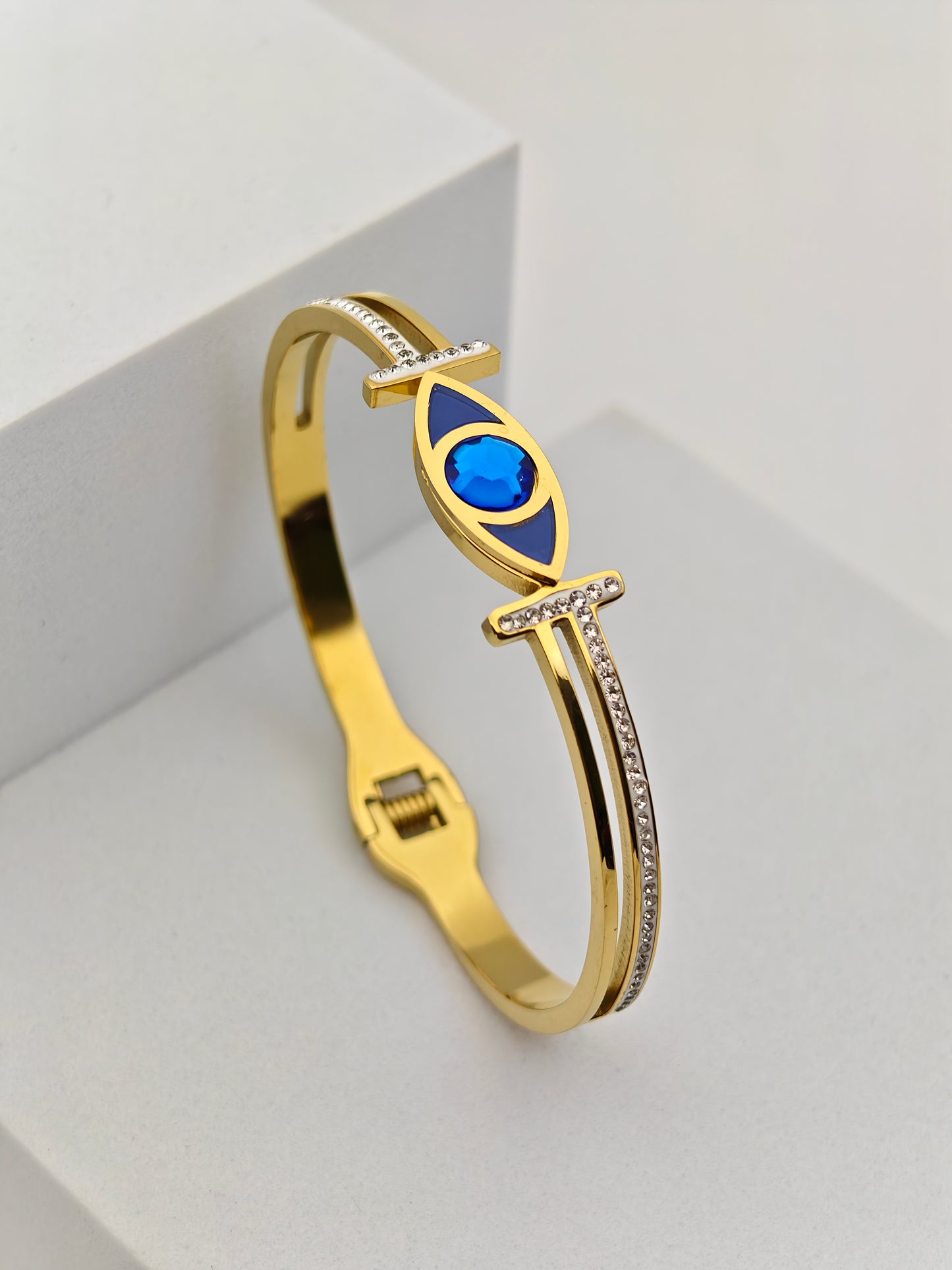 Elegant 18K Gold Plated Evil Eye Bangle with Blue Enamel and Crystal Accents RGB257