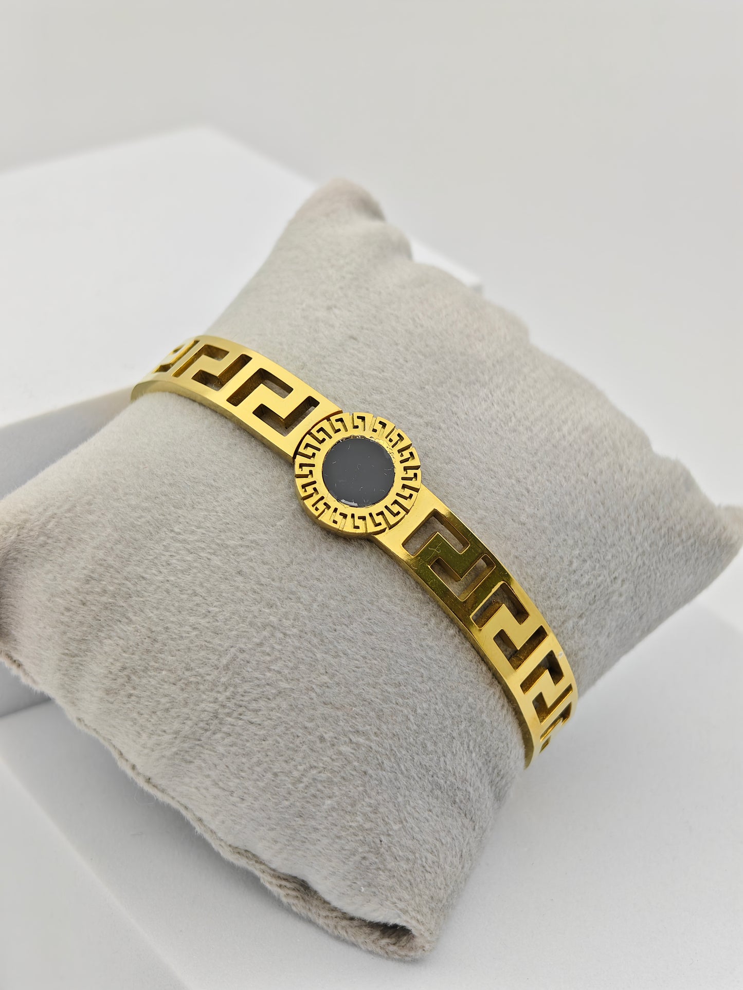 Stylish 18K Gold Plated Greek Key Bangle with Black Enamel Accent RGB259