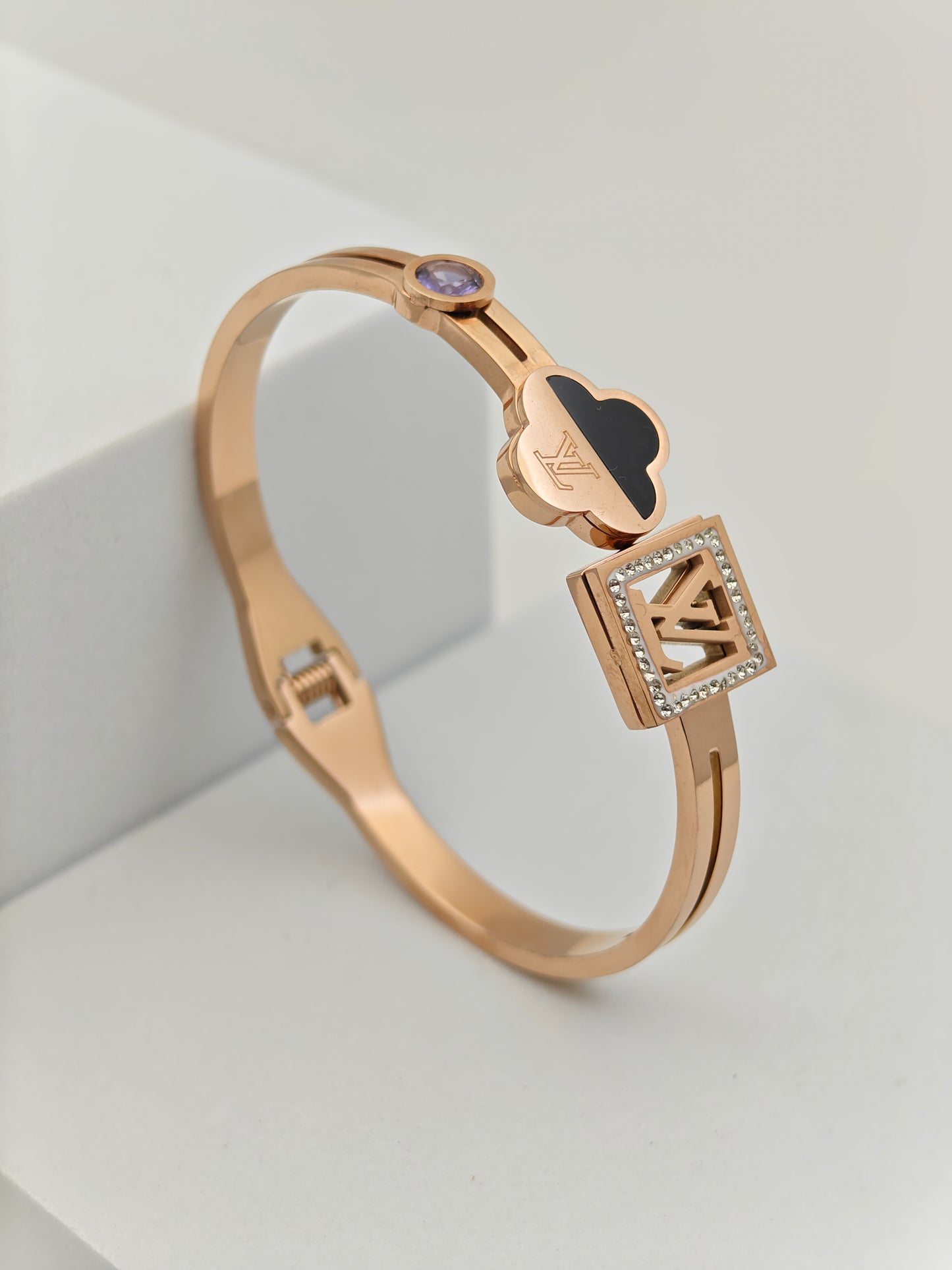 Stylish 18K Rose Gold Plated Anti-Tarnish Bangle with Black Clover and LV-Inspired Square Charm RGB268