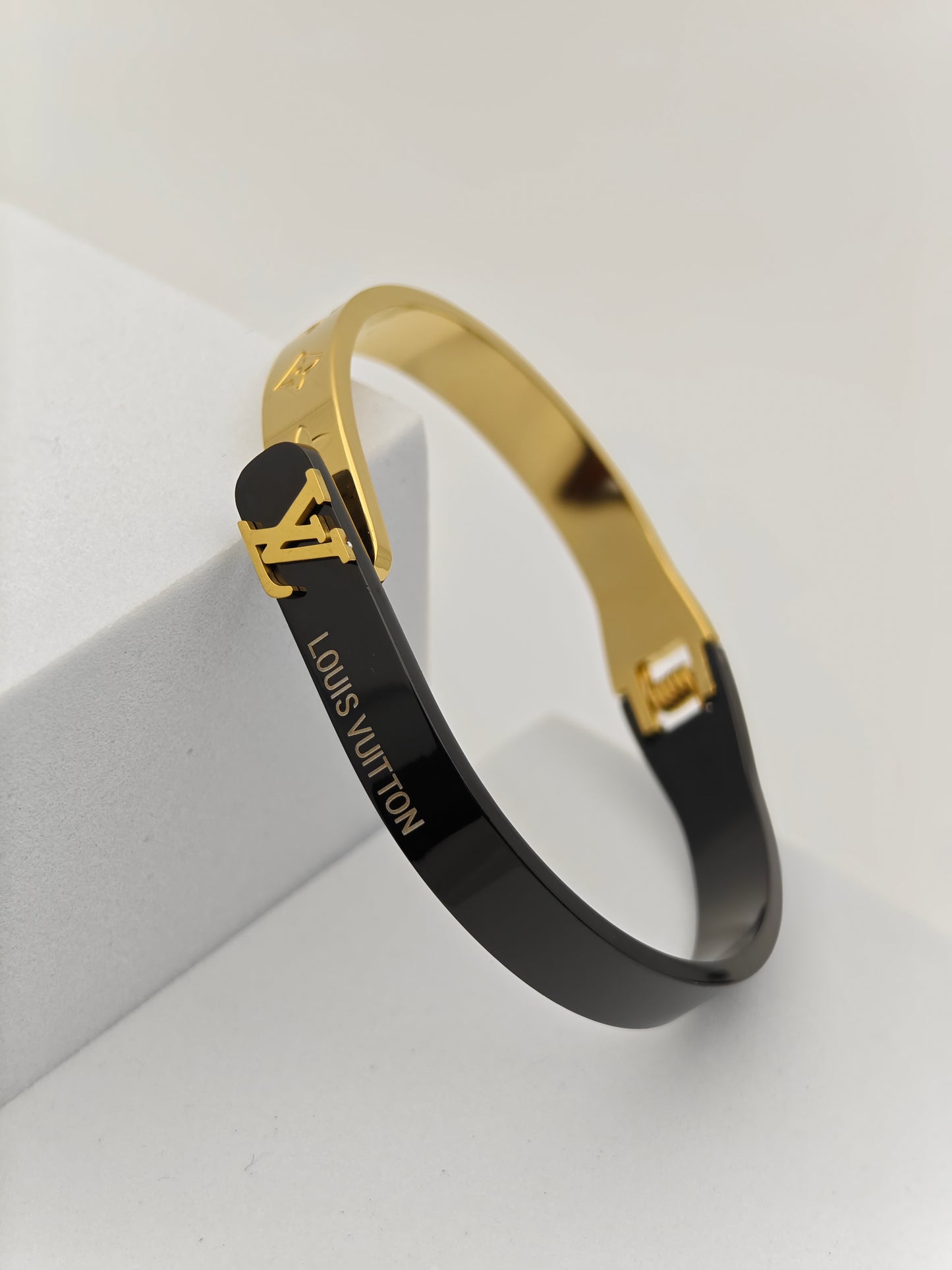 Luxury 18K Gold Plated Dual Shaded Anti-Tarnish Bangle with Louis Vuitton-Inspired Design RGB272