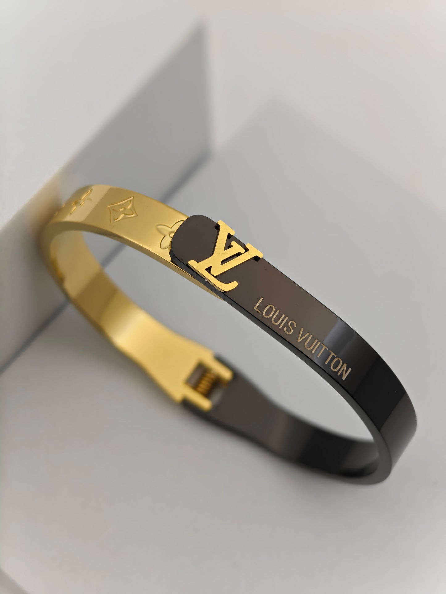 Luxury 18K Gold Plated Dual Shaded Anti-Tarnish Bangle with Louis Vuitton-Inspired Design RGB272