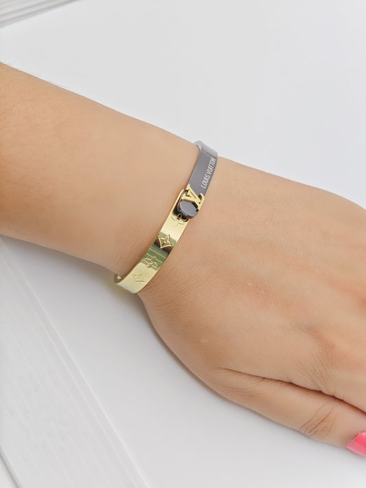 Luxury 18K Gold Plated Dual Shaded Anti-Tarnish Bangle with Louis Vuitton-Inspired Design RGB272