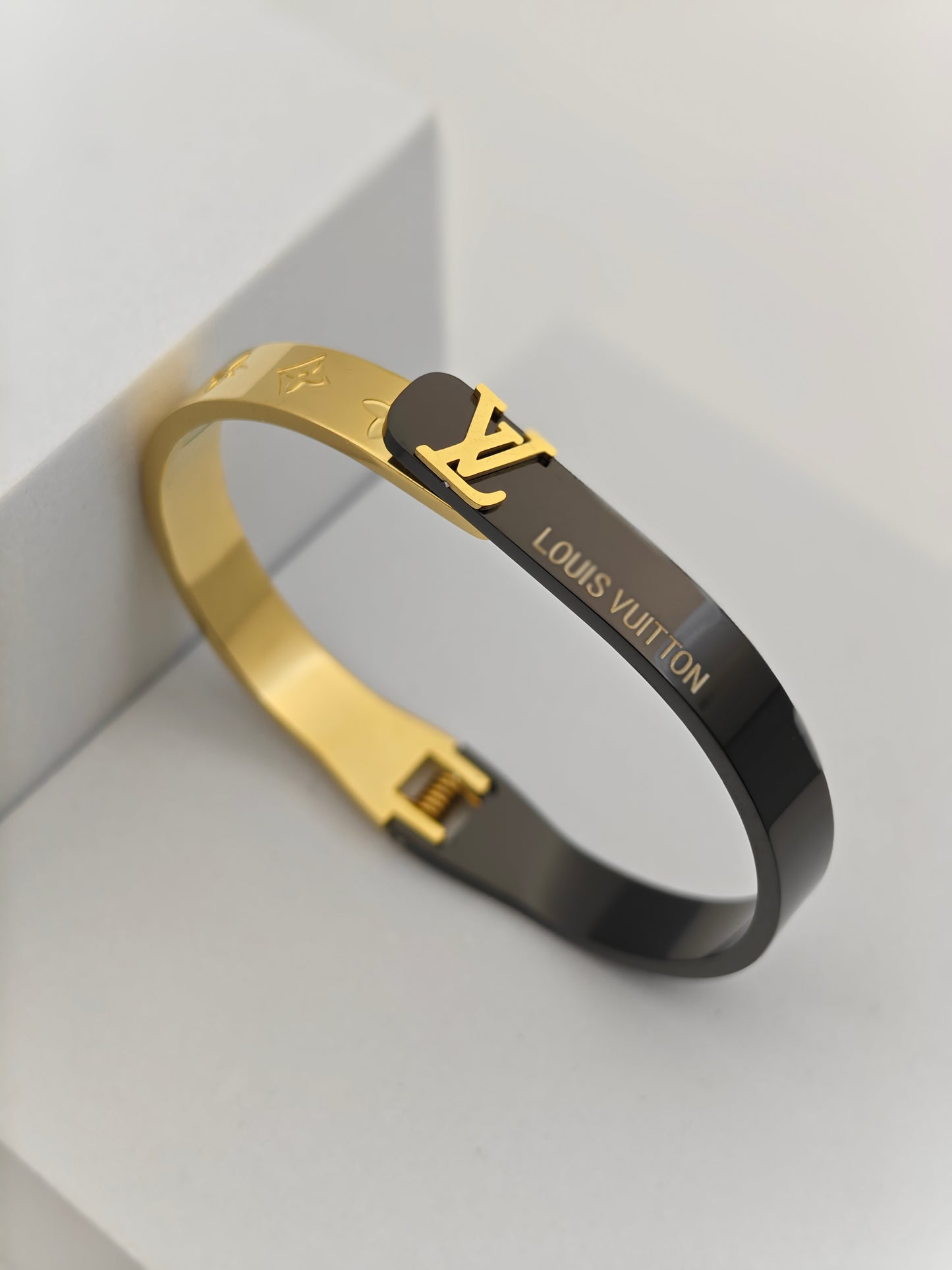 Luxury 18K Gold Plated Dual Shaded Anti-Tarnish Bangle with Louis Vuitton-Inspired Design RGB272