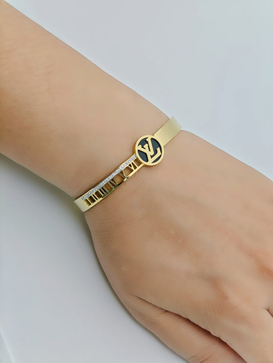 Luxurious 18K Gold Plated Anti-Tarnish Bangle with Louis Vuitton-Inspired Round Charm and Crystal Accents RGB273