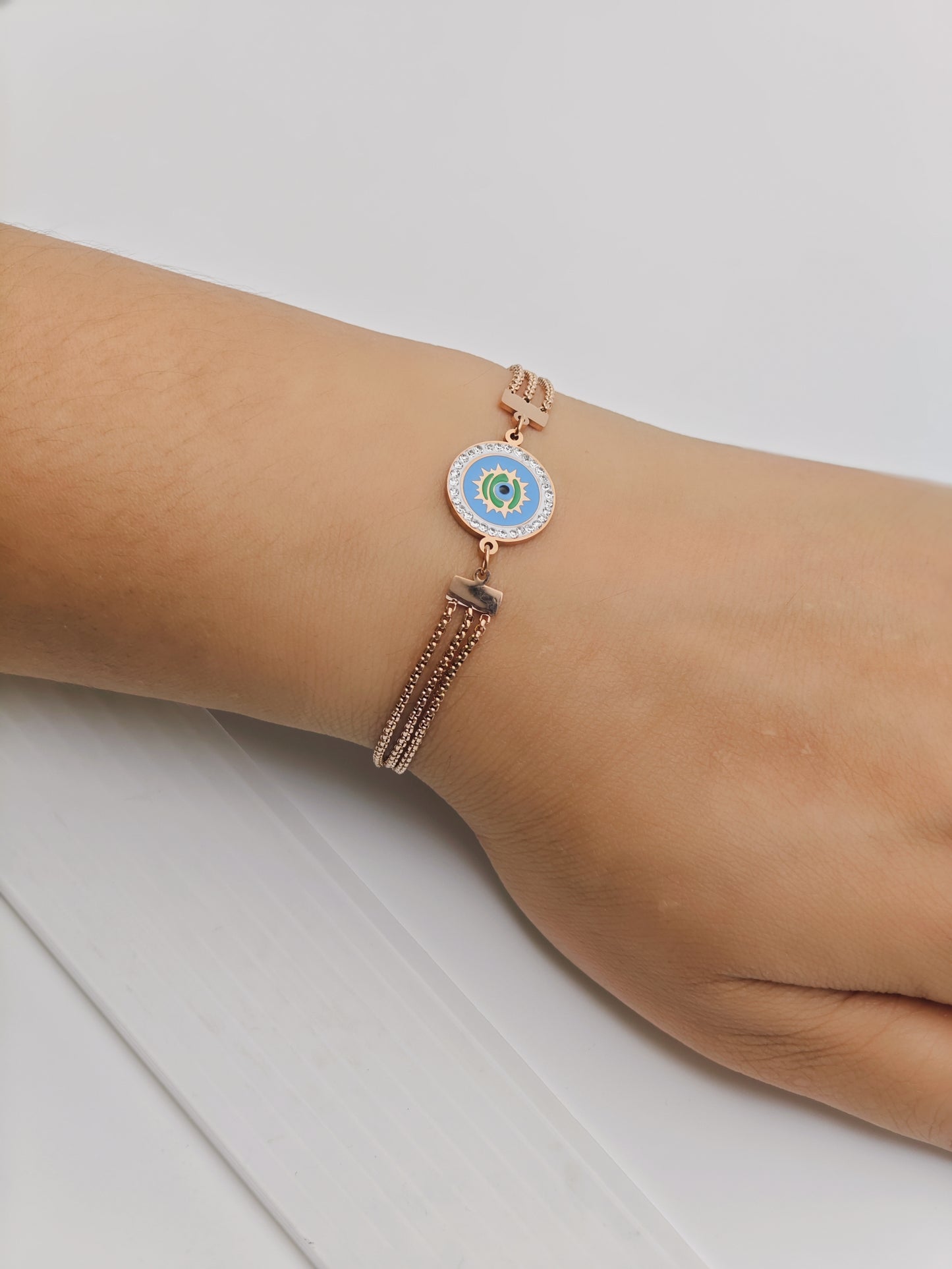 Elegant Rose Gold Plated Anti-Tarnish Bracelet with Blue Enamel Evil Eye Charm and Crystal Accents Rgb275