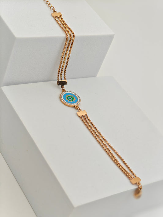 Elegant Rose Gold Plated Anti-Tarnish Bracelet with Blue Enamel Evil Eye Charm and Crystal Accents Rgb275