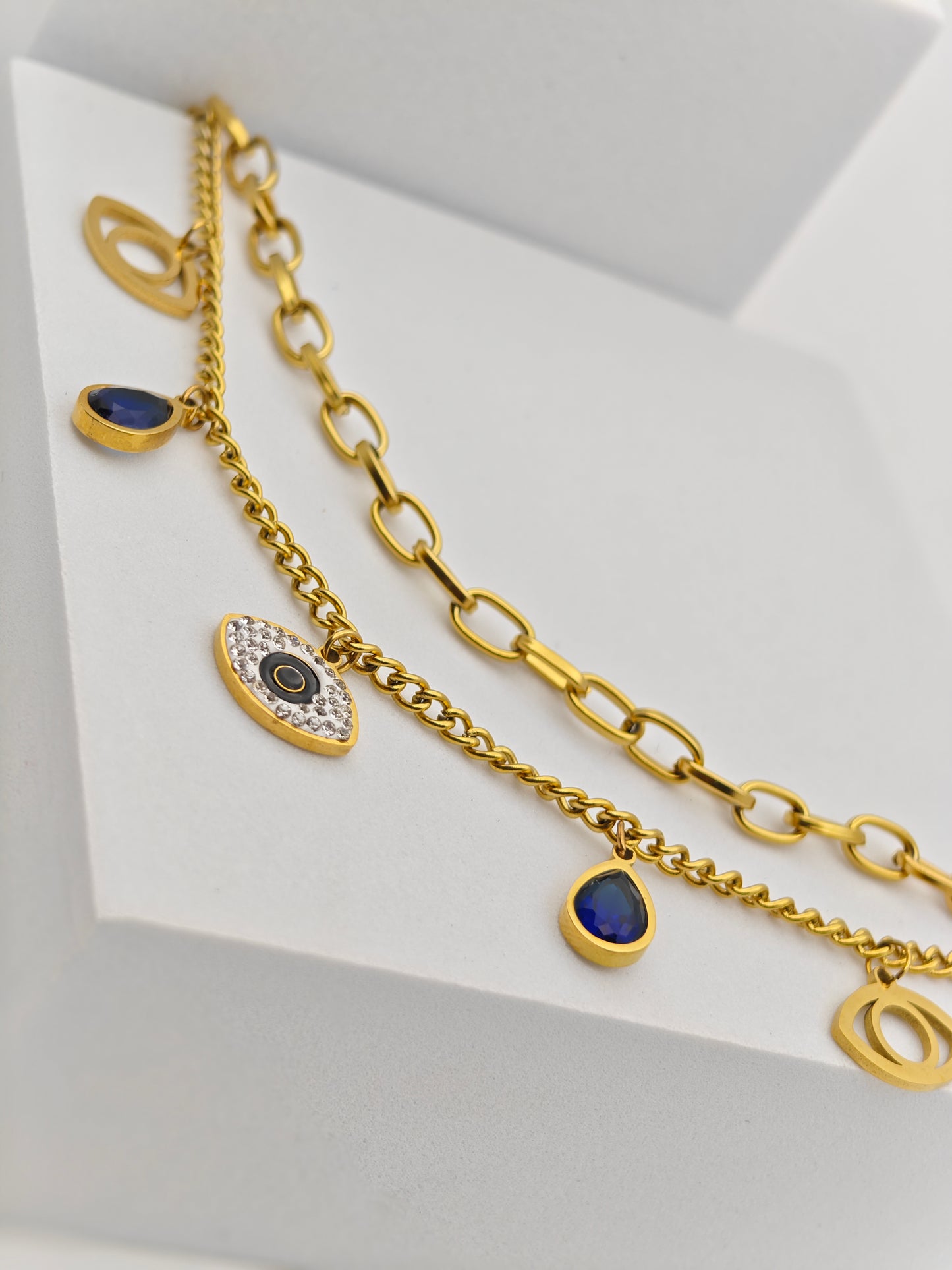 18K Yellow Gold-Plated Anti-Tarnish Charm Bracelet with Evil Eye and Blue Teardrop Accents RGB276