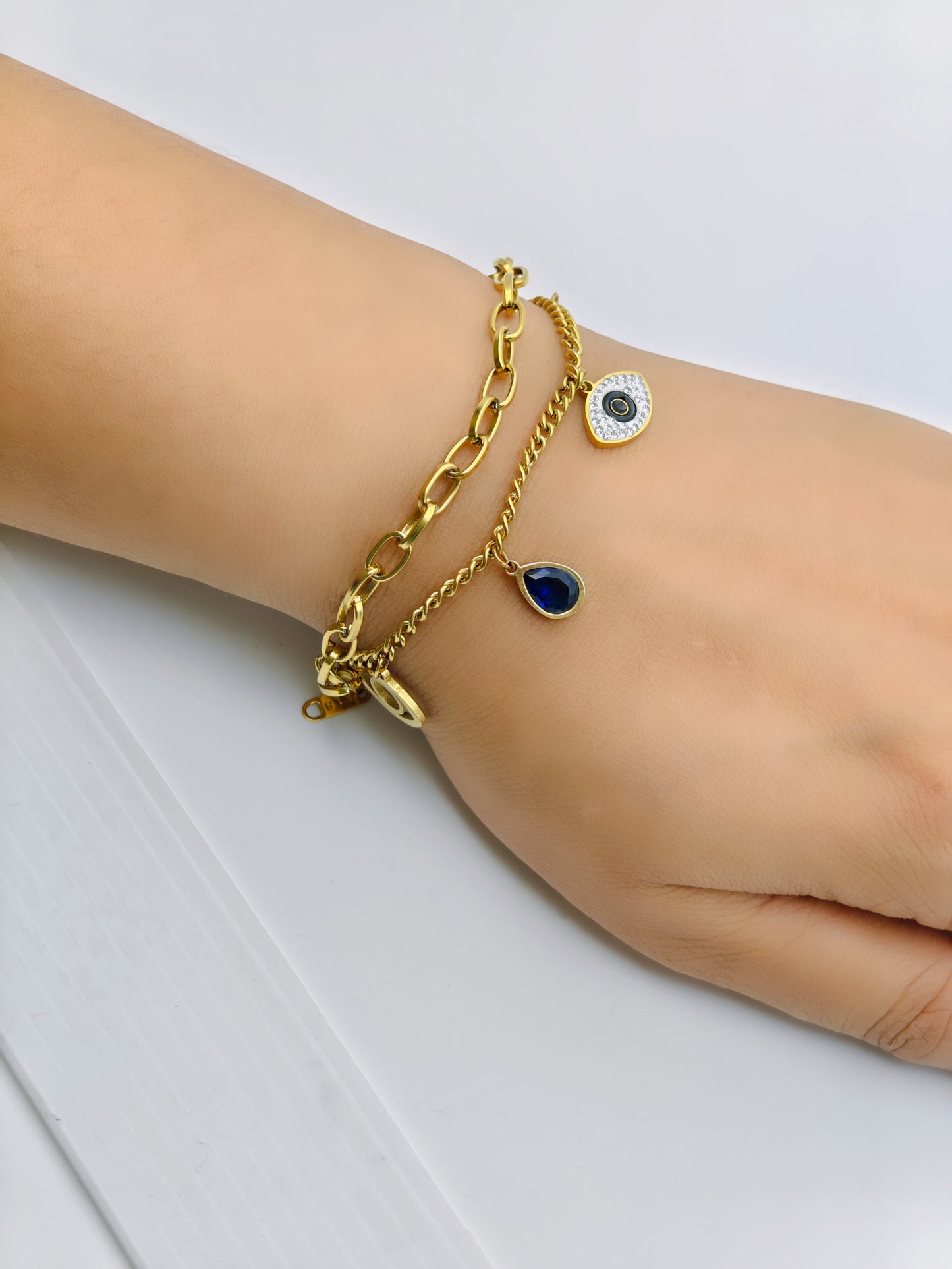 18K Yellow Gold-Plated Anti-Tarnish Charm Bracelet with Evil Eye and Blue Teardrop Accents RGB276