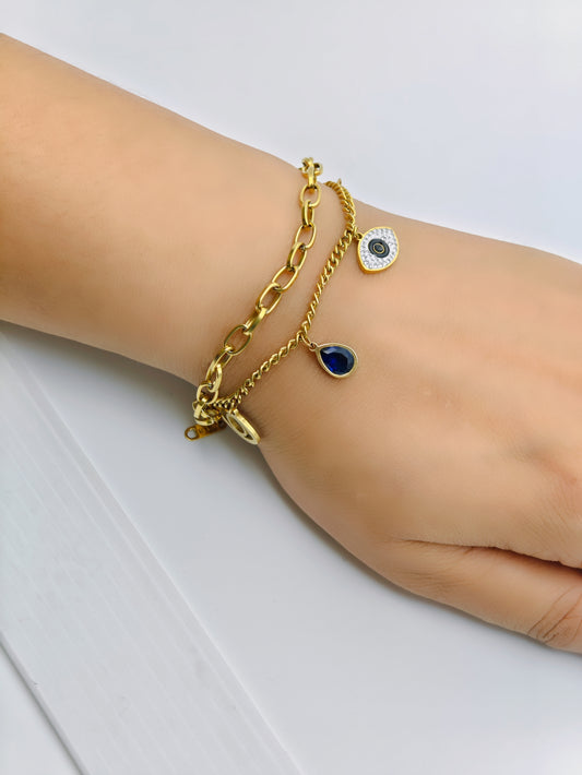 18K Yellow Gold-Plated Anti-Tarnish Charm Bracelet with Evil Eye and Blue Teardrop Accents RGB276