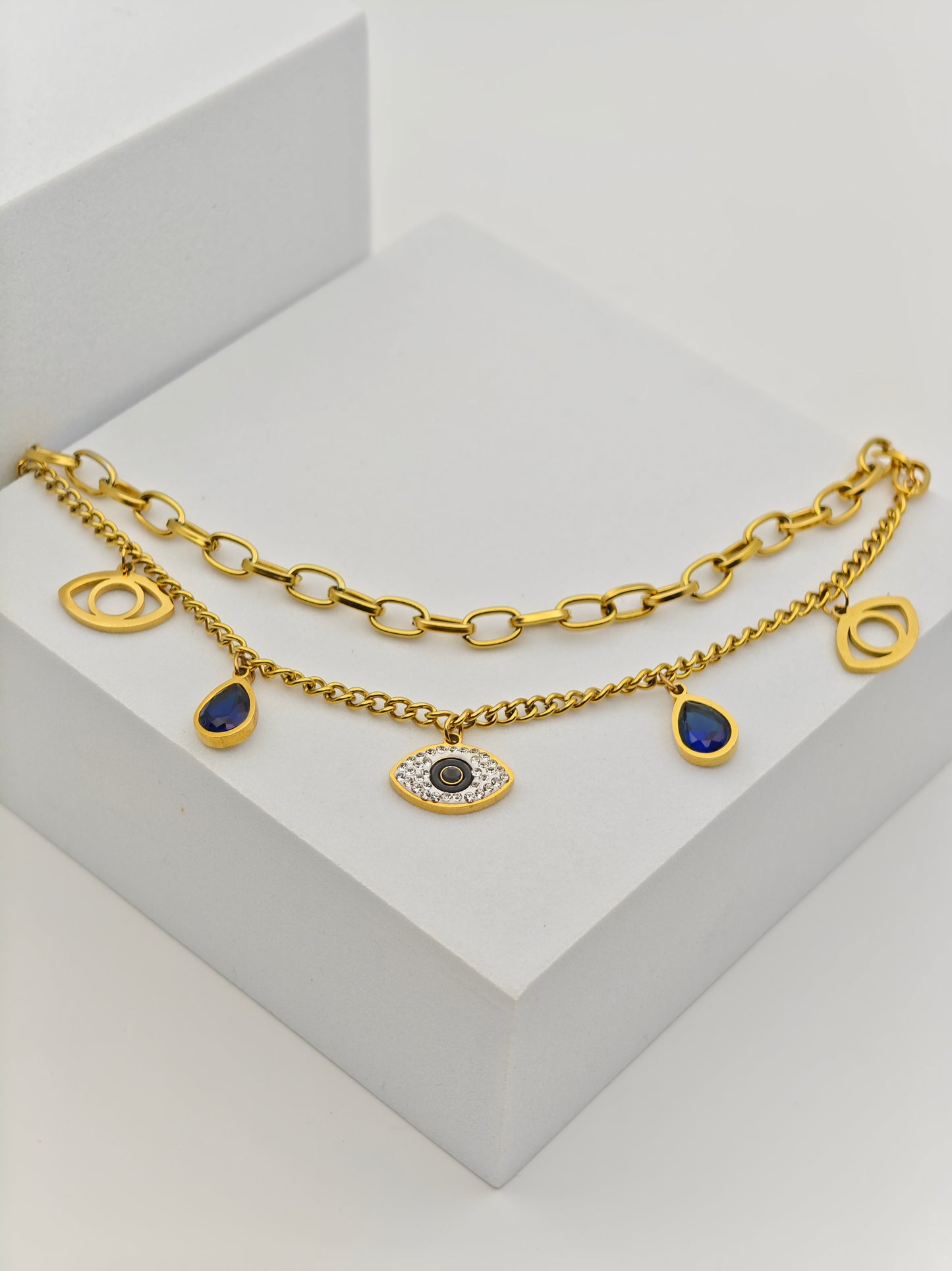 18K Yellow Gold-Plated Anti-Tarnish Charm Bracelet with Evil Eye and Blue Teardrop Accents RGB276