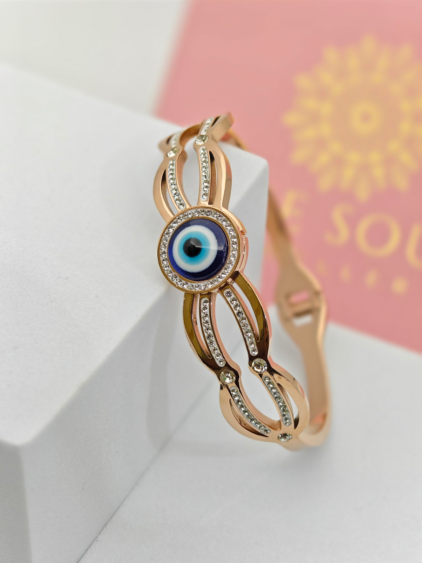 18K Rose Gold Plated Evil Eye Bangle with Crystal Accents – Protective Charm with Elegant Design RGB284