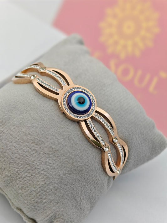 18K Rose Gold Plated Evil Eye Bangle with Crystal Accents – Protective Charm with Elegant Design RGB284