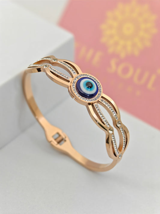 18K Rose Gold Plated Evil Eye Bangle with Crystal Accents – Protective Charm with Elegant Design RGB284