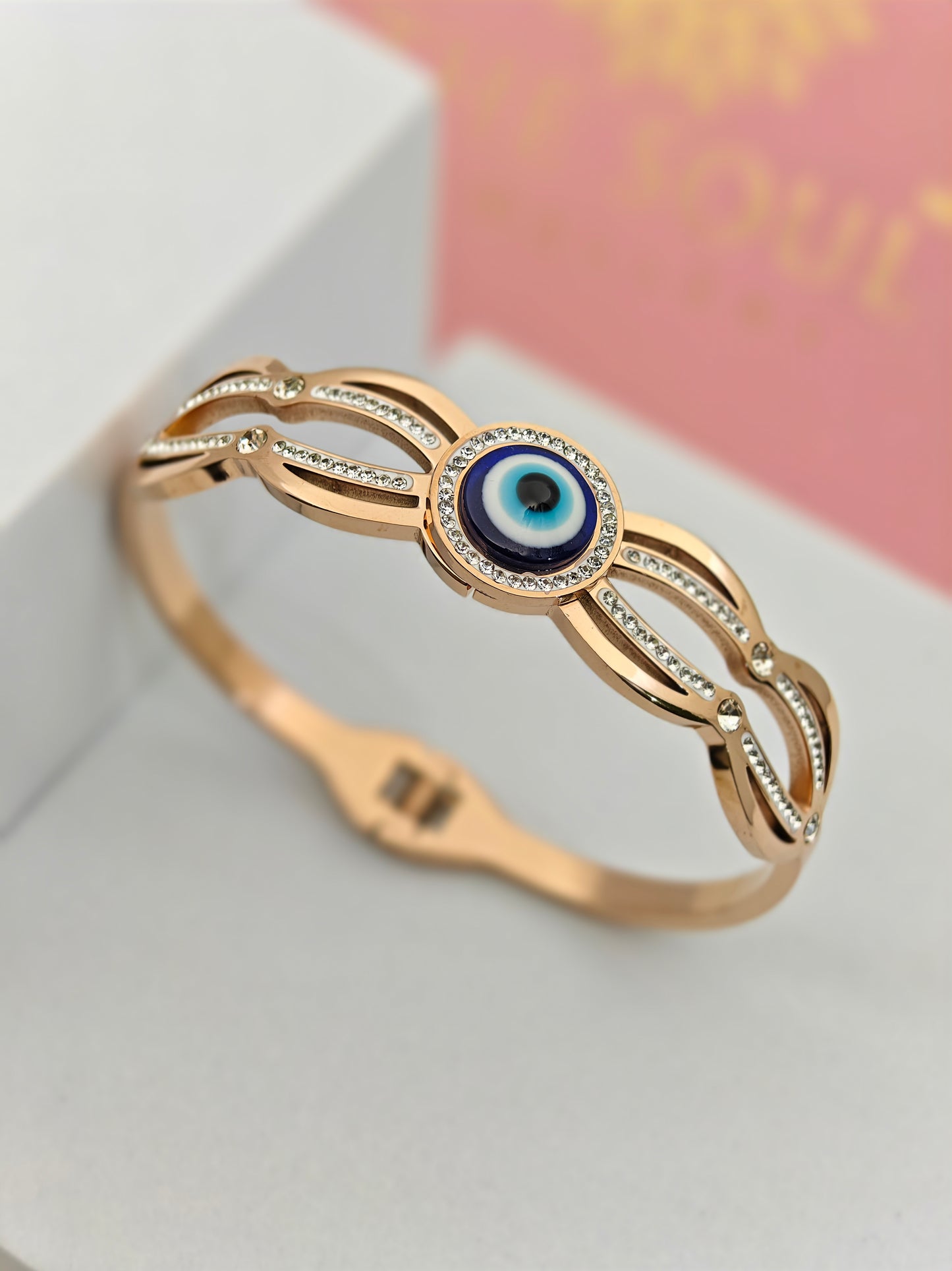 18K Rose Gold Plated Evil Eye Bangle with Crystal Accents – Protective Charm with Elegant Design RGB284