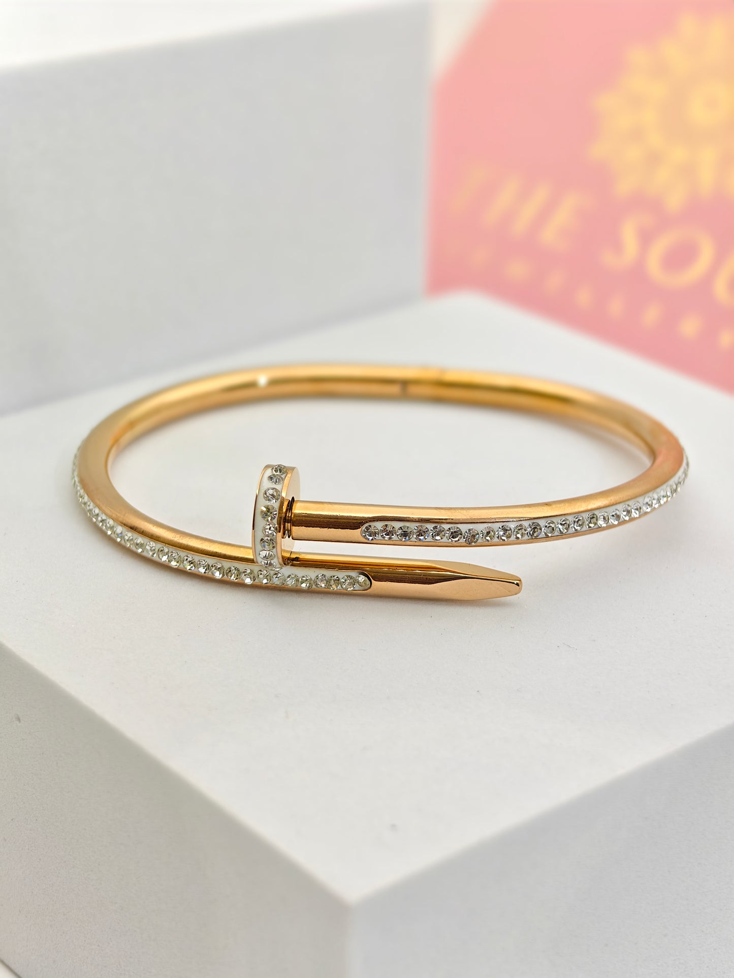 18K Rose Gold Plated Nail Bangle with Dazzling Crystal Pave – Bold and Modern Elegance RGB285