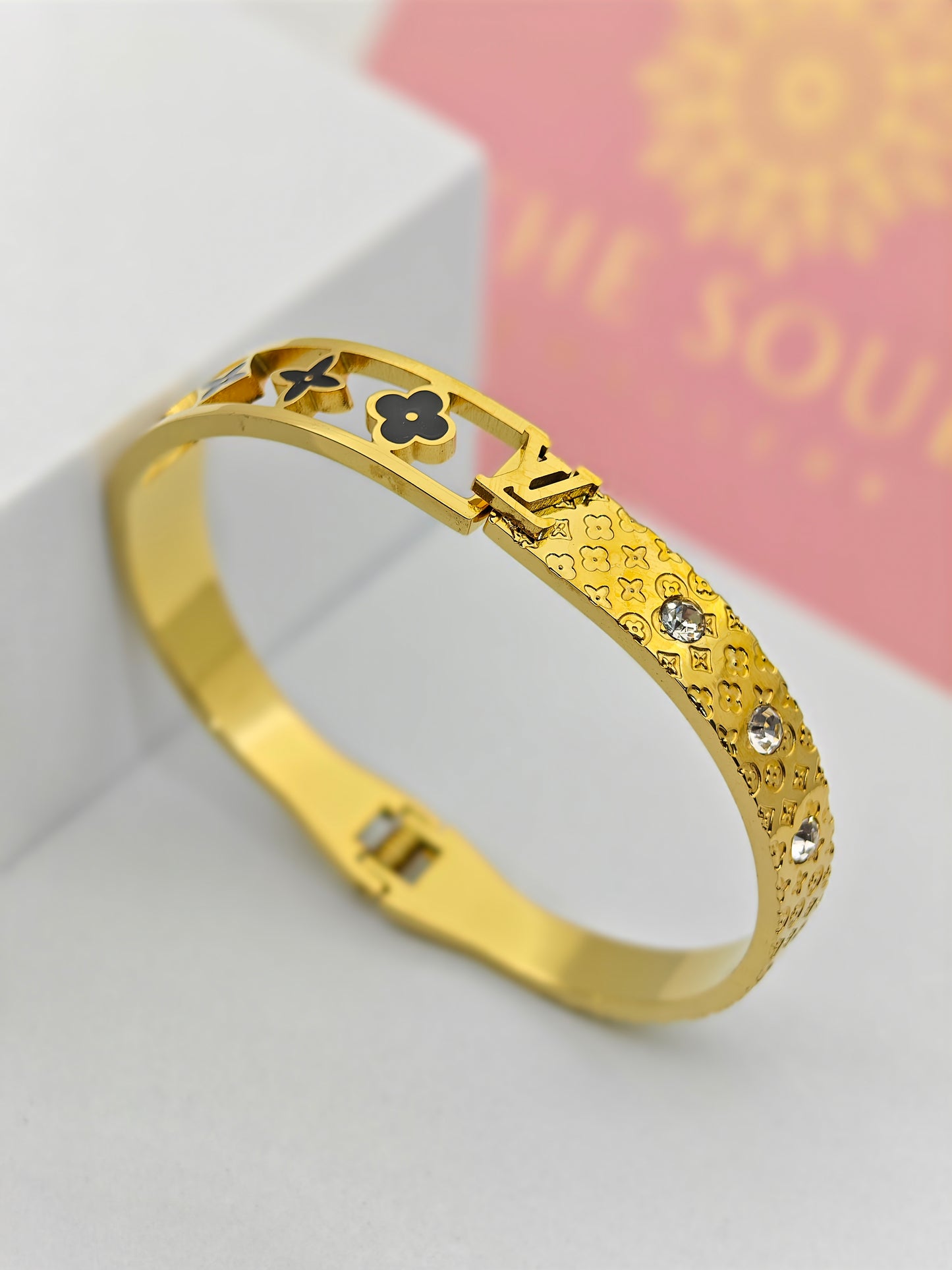 18K Gold Plated Monogram Bangle with Crystal Accents – Luxurious and Stylish Statement Piece RGB287