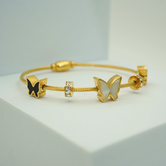 Luxury 18K Gold Plated Anti-Tarnish Cable Charm Bangle with Butterfly and Crystal Accents – Openable Design RGB304