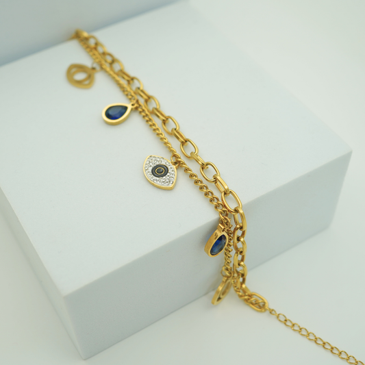 Luxury 18K Gold Plated Anti-Tarnish Evil Eye Charm Wristlet with Blue Teardrop Accents – Elegant Layered Design RGB315