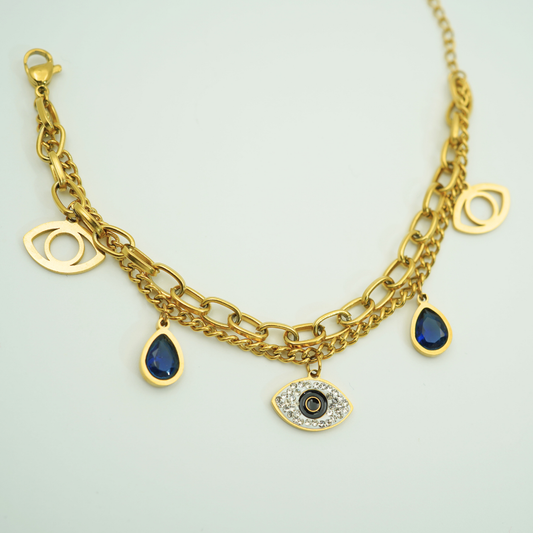 Luxury 18K Gold Plated Anti-Tarnish Evil Eye Charm Wristlet with Blue Teardrop Accents – Elegant Layered Design RGB315