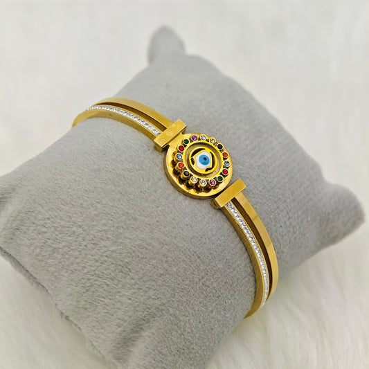 tylish 18K Rose Gold Plated Anti-Tarnish Rotating Evil Eye Bangle with Crystal Details RGB402
